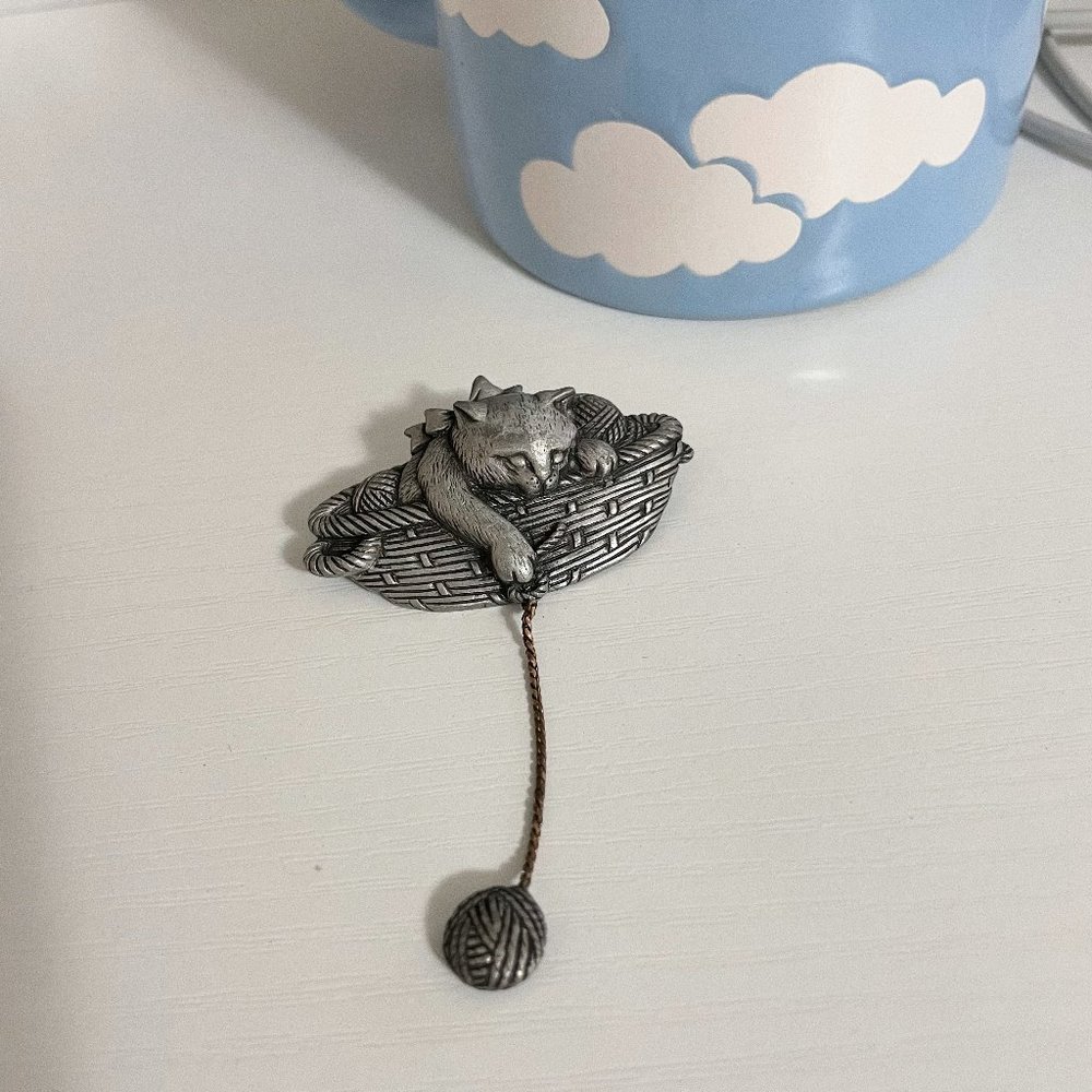 Vintage, Kitten in Basket Dangling Yarn Pin-  JJ Jonette Pewter Cat Brooch